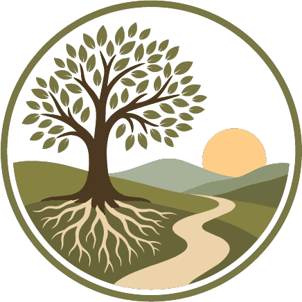 Rooted Way Ministries emblem — a tree with deep roots beside a path leading to the rising sun